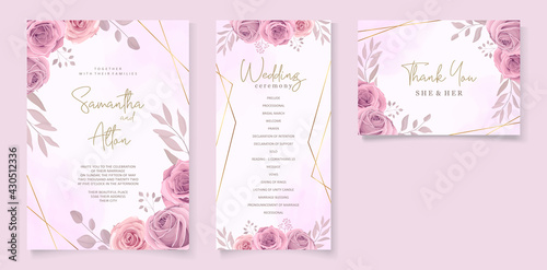 Set of beautiful wedding invitation template with hand drawn roses flower ornament