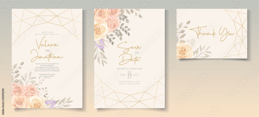 Set of beautiful wedding invitation template with hand drawn roses flower ornament