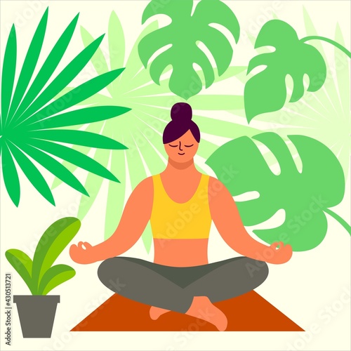 girl sitting in lotus position and meditating. color vector illustration