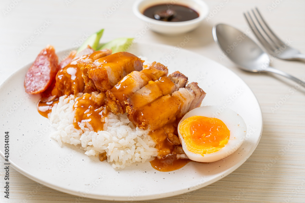 crispy pork on rice with barbecue sauce
