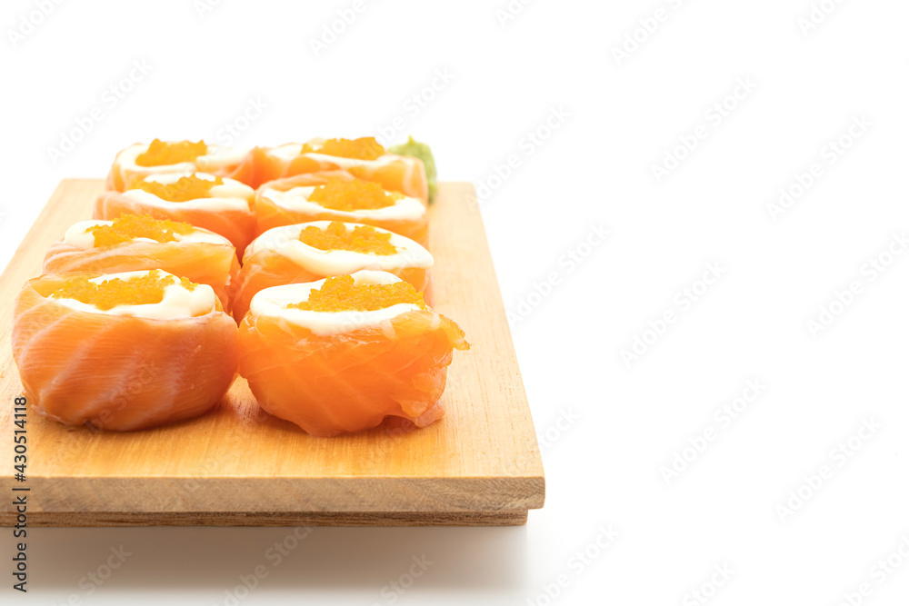 fresh salmon sushi roll with mayonnaise and shrimp egg fresh salmon sushi roll with mayonnaise and shrimp egg