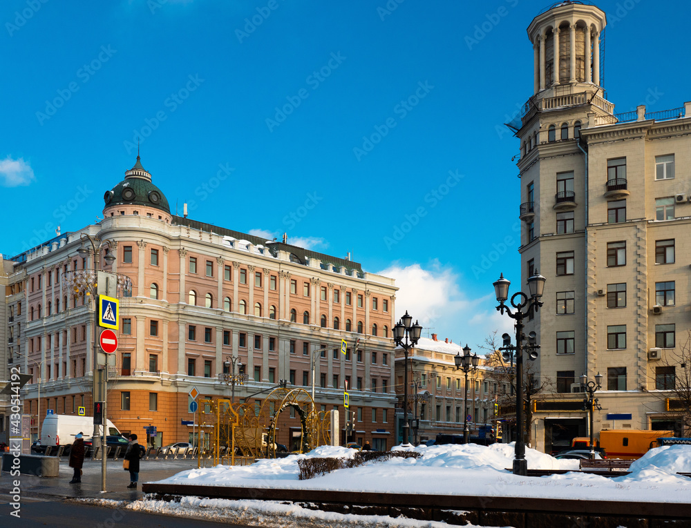 Scenic view of architectural ensemble of central street of Moscow Tverskaya street on winter day, Russia