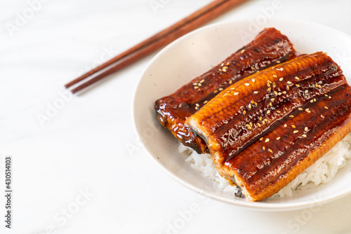 Japanese eel grilled with rice bowl or Unagi don photo
