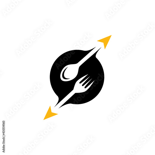 Fast food restaurant logo vector. Plate, spoon, fork and arrow flat logo template ready for use