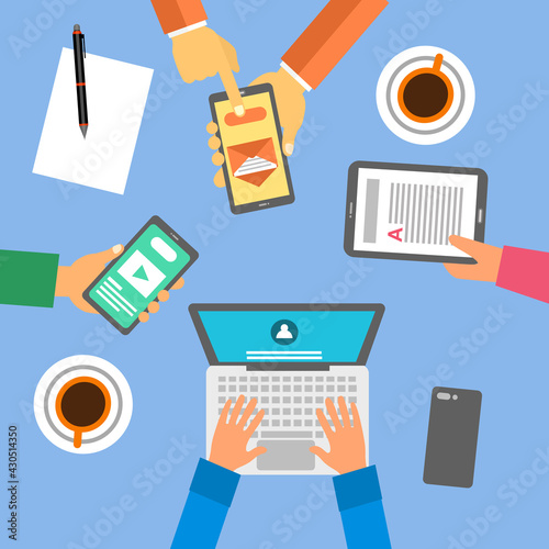 People with electronic devices on business meeting. Hands using laptop computer, smartphone and tablet in flat design.
