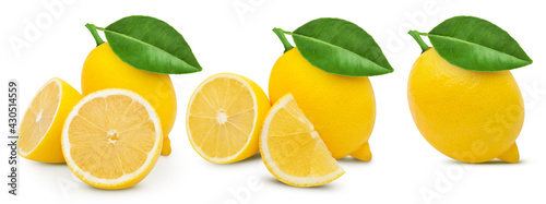 Ripe lemon fruit with lemon leaf on white background