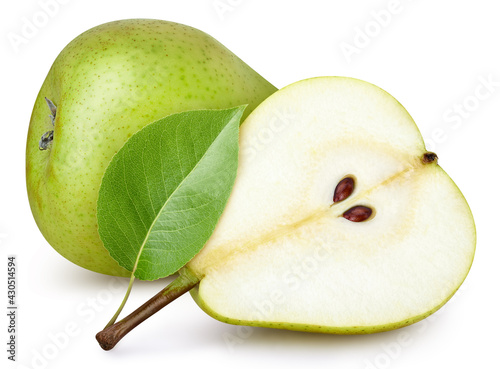 Ripe pear with leaves. Organic pear isolated on white background