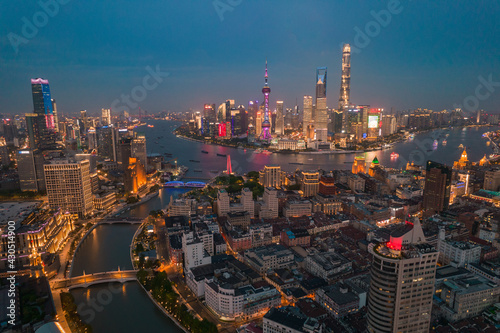 Aerial view of Lujiazui  the financial district in Shanghai  China  night view.