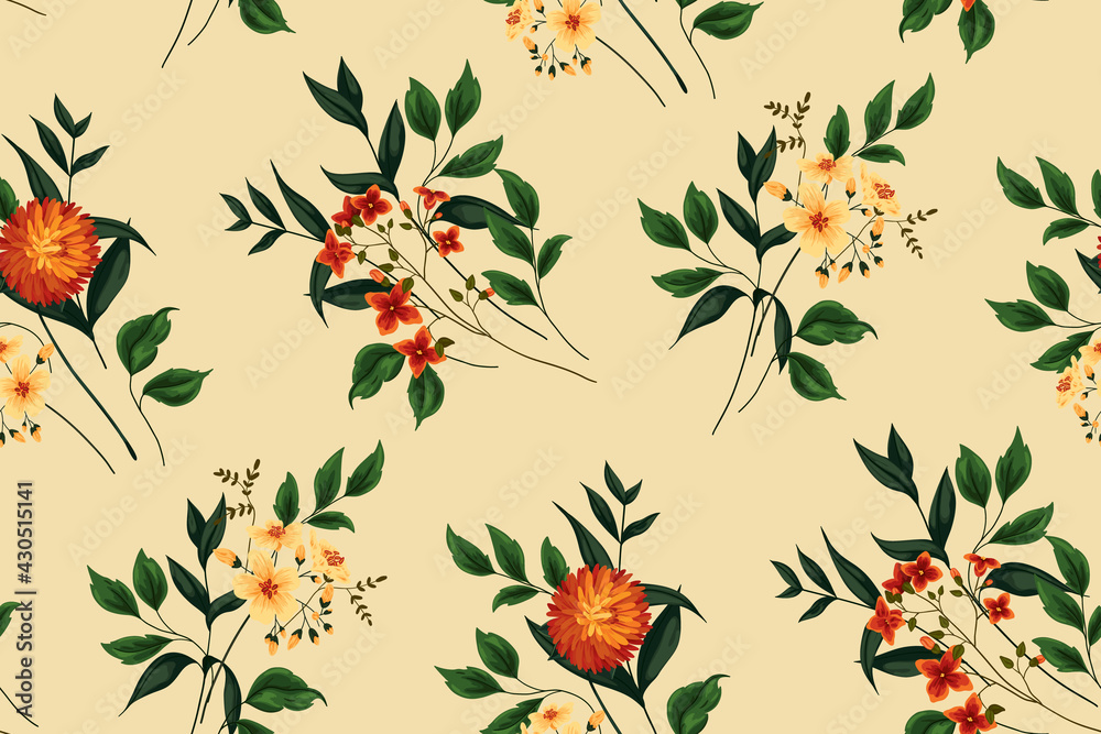 Seamless floral pattern. Free composition of various bouquets with aster, other flowers, leaves and plants. Imitation of watercolors. Vector.