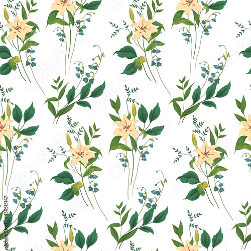 Delicate floral pattern with lily flowers. Seamless pattern with white lily flower, bells, different leaves. Simple design, gentle pastel colors, white background. Vector illustration.