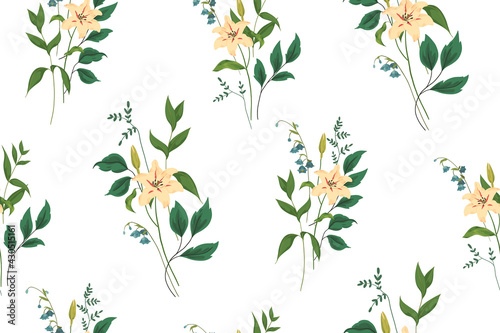 Delicate floral pattern. Seamless pattern with lily flowers. Creamy lily flowers surrounded by bells on a twig, various leaves. Spring atmosphere for wedding design. Vector illustration.