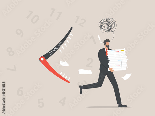 Deadlines. clock businessman character running with a huge pile of documents.