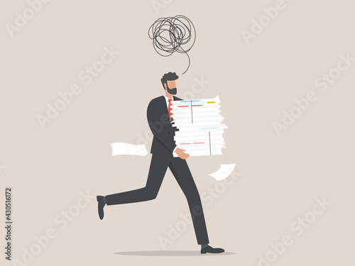 Deadlines. Businessman character running with a huge pile of documents.