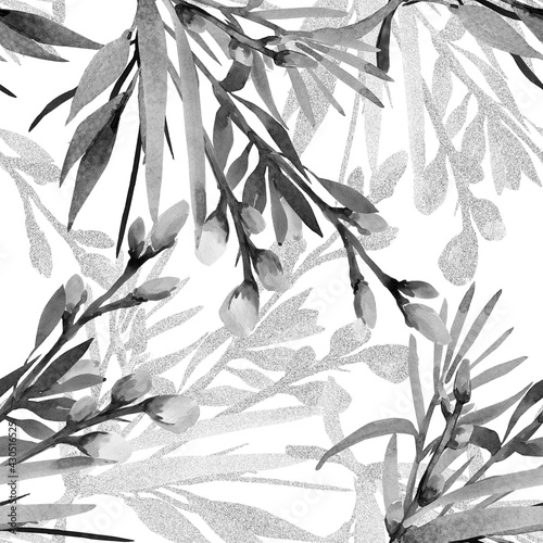 Watercolor illustration of a flowering branch.The motive of the tree branch, the image on a white and colored background.