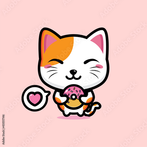 cartoon cute lucky cat vector design holding a donut