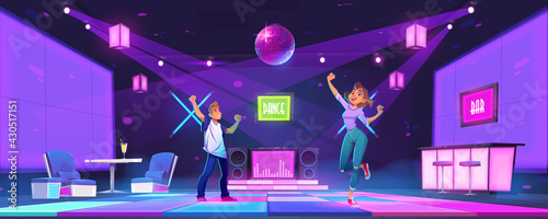 Young people dance at night club disco party, man and woman dancing, moving with raised hands. Teenagers nightlife activity in bar with glowing floor and neon illumination, Cartoon vector illustration