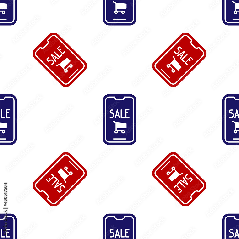Blue and red Mobile phone and shopping cart icon isolated seamless pattern on white background. Online buying symbol. Supermarket basket symbol. Vector Illustration Blue and red Mobile phone and shopping cart icon isolated seamless pattern on white background. Online buying symbol. Supermarket basket symbol. Vector Illustration