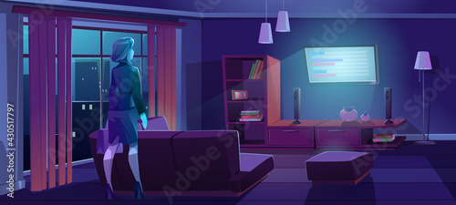Woman coming home from work and watch tv at night. Vector cartoon illustration of dark living room interior with glowing television screen, sofa and businesswoman with bag