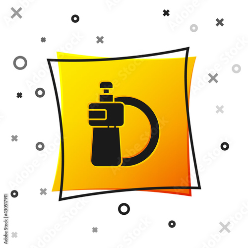 Black Dishwashing liquid bottle and plate icon isolated on white background. Liquid detergent for washing dishes. Yellow square button. Vector Illustration