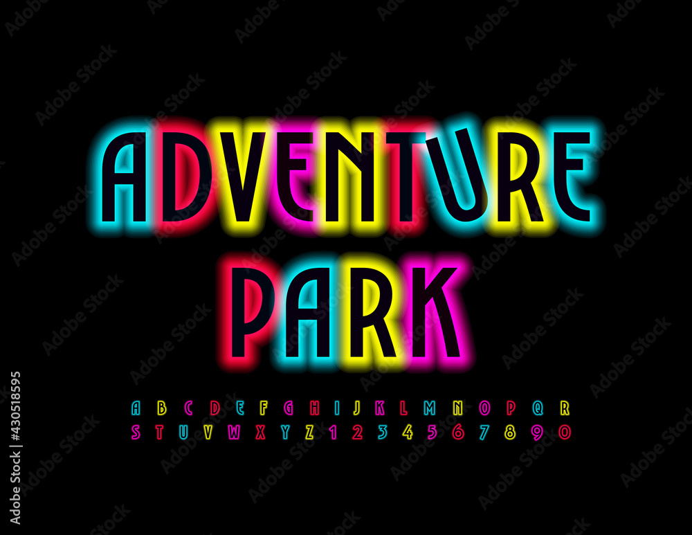 Vector bright banner Adventure Park. Colorful Neon Font Illuminated Alphabet Letters and Numbers set