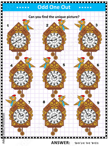 Visual puzzle for kids and adults with retro wall clocks: Can you find the picture that has no copy? Answer included.
