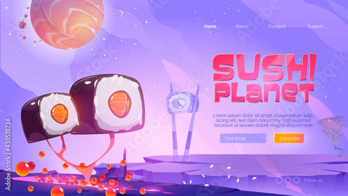 Sushi planet website with fantasy landscape with trees with roll and ginger and salmon planet in sky. Vector landing page of restaurant or arcade game with cartoon illustration