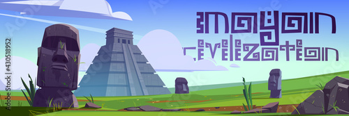 Ancient mayan pyramids and moai statues on Easter island. Vector poster with cartoon landscape with south american landmarks of Maya civilization, stone sculpture on green grass