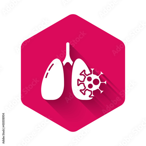 White Virus cells in lung icon isolated with long shadow. Infected lungs. Coronavirus, COVID-19. 2019-nCoV. Pink hexagon button. Vector.