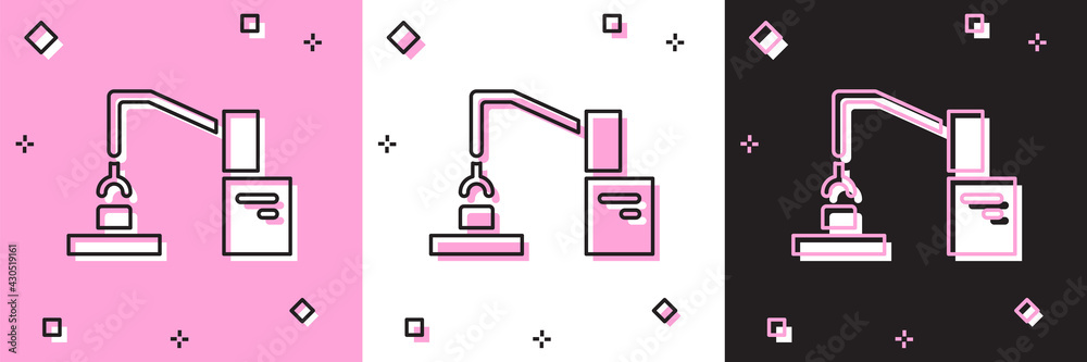 Set Industrial machine robotic robot arm hand factory icon isolated on pink and white, black background. Industrial robot manipulator. Vector