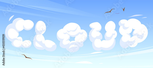 Cartoon word cloud in blue sky or heaven background with flying birds. Abc font characters, letters made of fluffy eddy on nature landscape, typescrypt, typographic design element, vector illustration