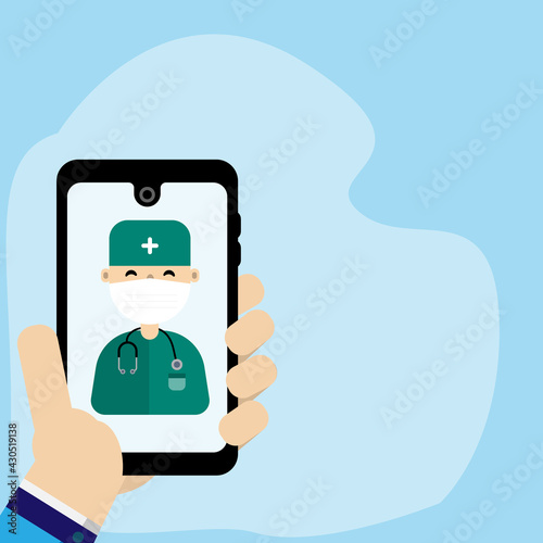 Patient Hand holding smartphone with young male doctor.Video Call for consultation. Online medical services health care concept with copy space for banner,website and print. Vector flat illustration.