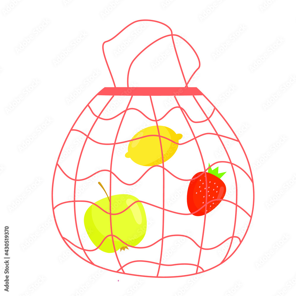Red eco shopping net bag with fruits and vegetables. Zero waste, plastic-free concept. Strawberry, lemon, apple. Colored trendy vector illustration. Delivery. Flat design Red eco shopping net bag with fruits and vegetables. Zero waste, plastic-free concept. Strawberry, lemon, apple. Colored trendy vector illustration. Delivery. Flat design