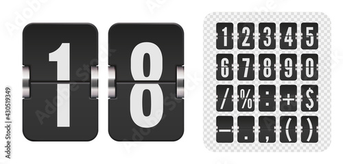 Set of flip scoreboard numbers and symbols for black countdown timer or calendar isolated on white. Vector dark template for your design.