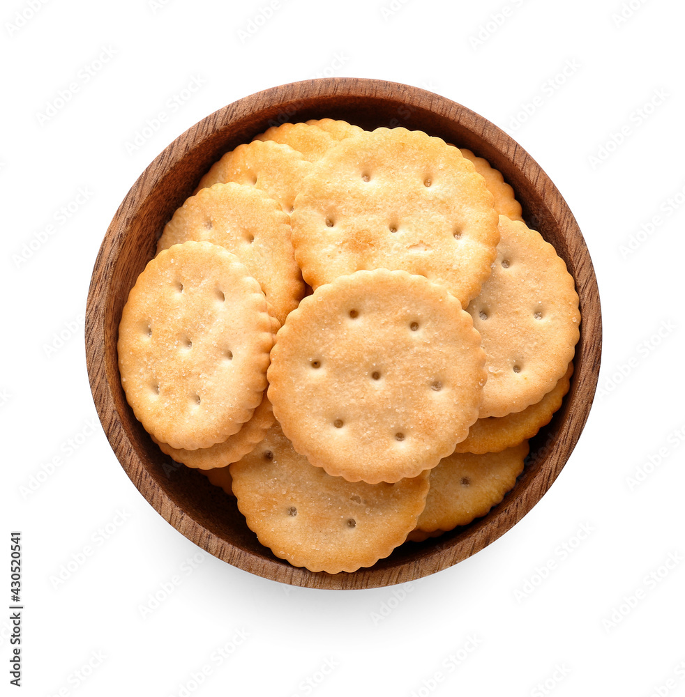Bowl with tasty crackers on white background Bowl with tasty crackers on white background