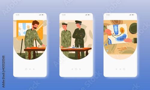 Operation plan. Military mission, training, war. Mobile app screens, vector website banner template. UI, web site design
