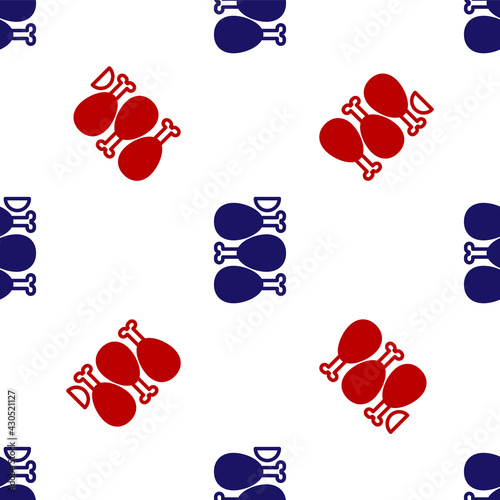 Blue and red Indian traditional food Tandoori chicken icon isolated seamless pattern on white background. Vector