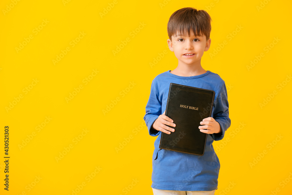 Little boy with Bible on color background Little boy with Bible on color background