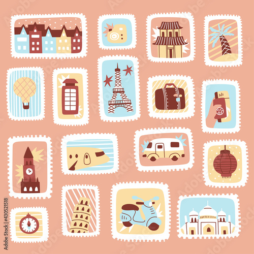 Set of hand-drawn post stamps. Cute post stamps with travel elements. Mail and post office conceptual drawing.