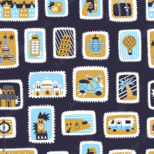 Set of stamps, postage stamp with colorful travel elements. Hand drawn vector illustration