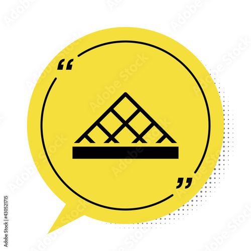 Black Louvre glass pyramid icon isolated on white background. Louvre museum. Yellow speech bubble symbol. Vector