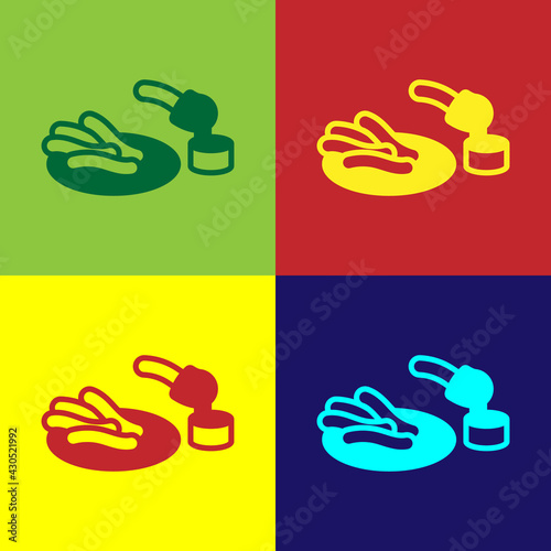 Pop art Churros and chocolate icon isolated on color background. Traditional national Spain dessert, European street food. Vector
