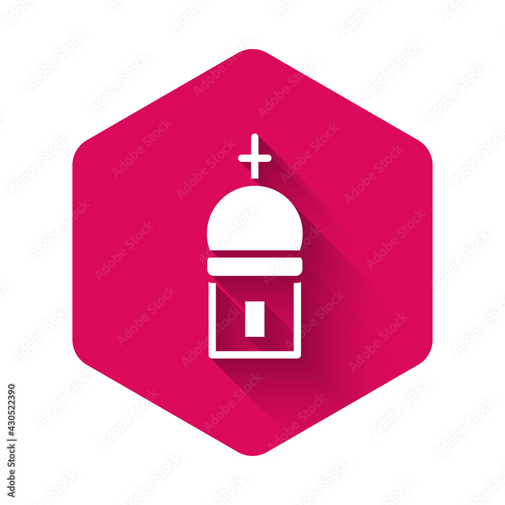White Christian church tower icon isolated with long shadow. Religion of church. Pink hexagon button. Vector White Christian church tower icon isolated with long shadow. Religion of church. Pink hexagon button. Vector