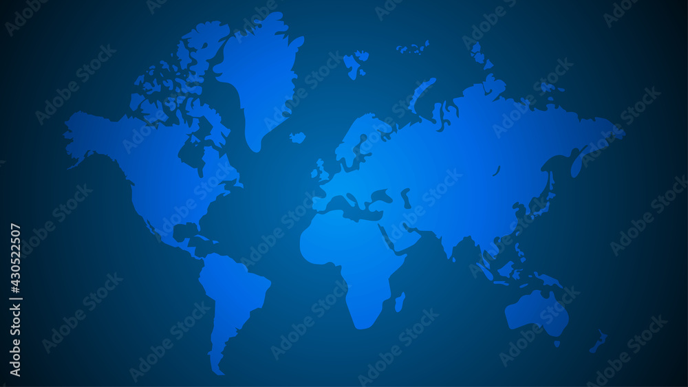 Fototapeta premium World map vector, isolated on blue background. Flat Earth, gray map template for web site pattern, anual report, inphographics. Globe similar worldmap icon. Travel worldwide, map silhouette backdrop.