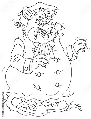 Spiteful fat rat judge in a black gown with an unjust accusation in a court session, black and white outline vector cartoon for a coloring book page