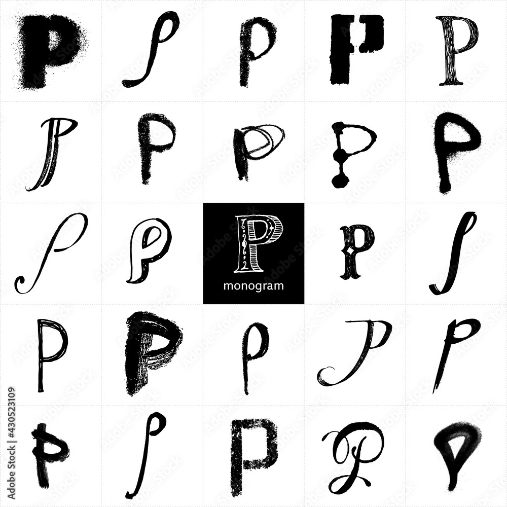 Monogram P. Set of handwritten stylish letters. Pencil and brushwork. Graphic elements for logo, postcard, posters, packages. The letters are drawn in various styles from elegant to street art. Monogram P. Set of handwritten stylish letters. Pencil and brushwork. Graphic elements for logo, postcard, posters, packages. The letters are drawn in various styles from elegant to street art.