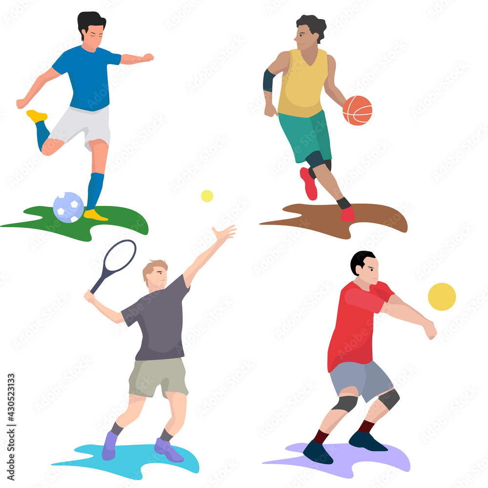 Collection of different sport activity. Basketball, football, volleyball and tennis.