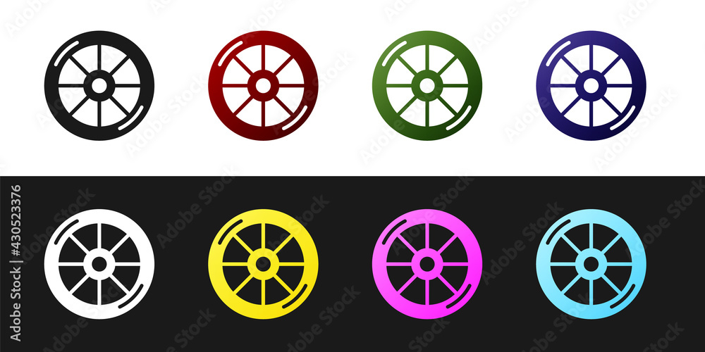 Set Bicycle wheel icon isolated on black and white background. Bike race. Extreme sport. Sport equipment. Vector