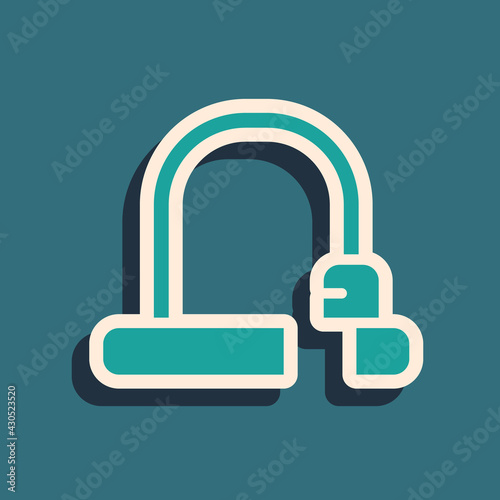 Green Bicycle lock U shaped industrial icon isolated on green background. Long shadow style. Vector