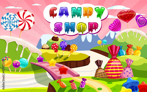 Kids Menu Candy, sweet different bonbon, lollipops,chocolate, jelly. Template menu for caffe, cafeteris, vector illustration, cartoon style