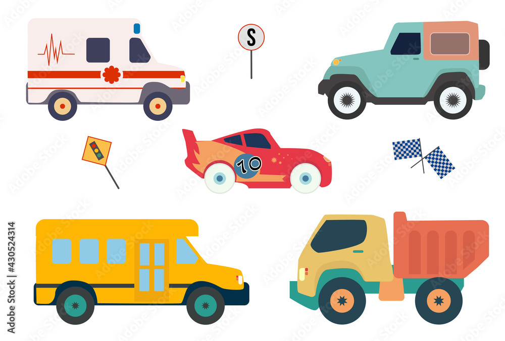 Fototapeta premium Cute collection colorful cars isolated on a white background.